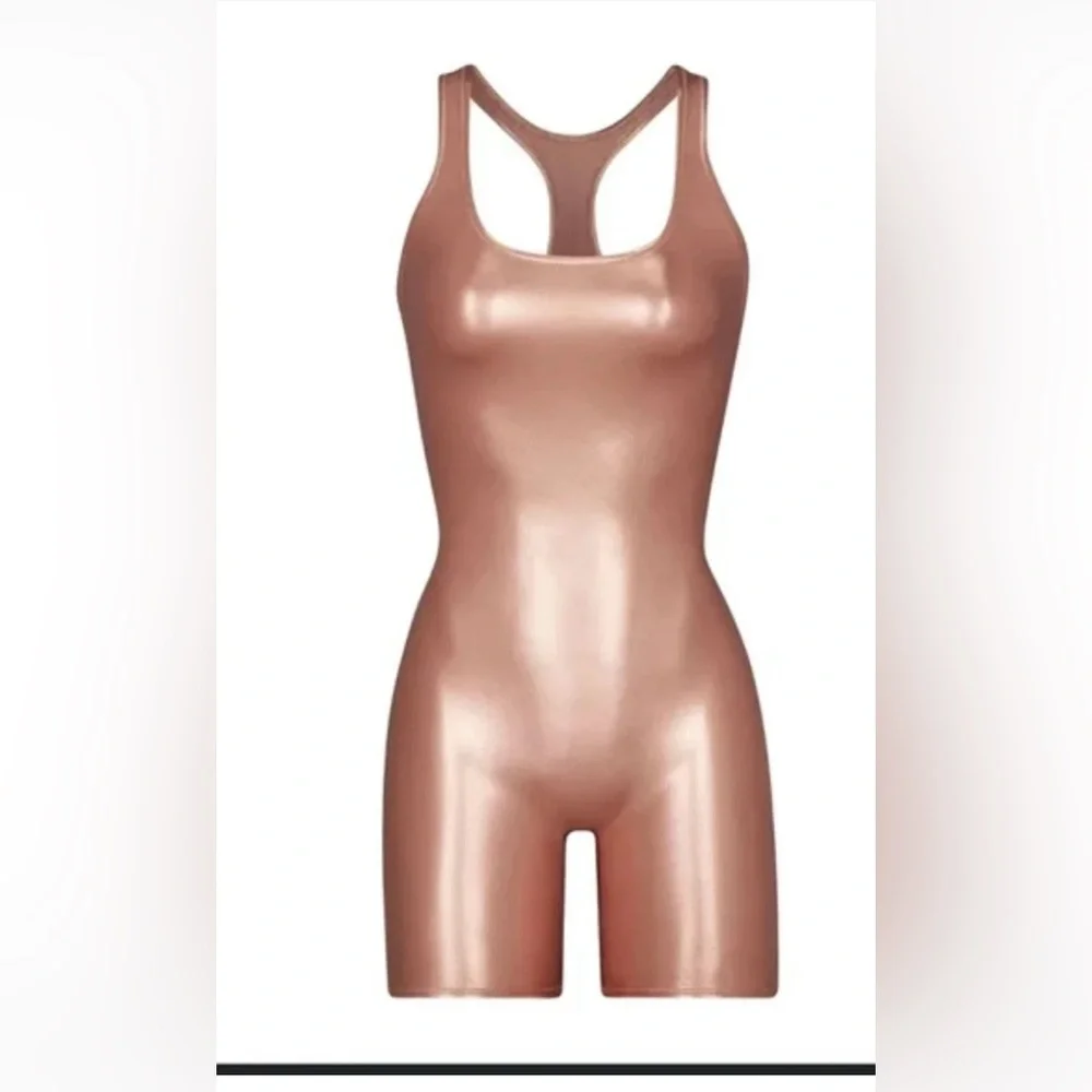 SKIMS Metallic Swim Cycle Suit - Champagne / Size S / NWT rose gold copper color